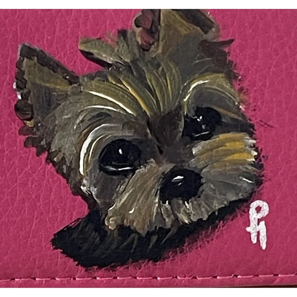 Artist Painted Yorkie Puppy Card Holder Pink Faux Leather Compact‎ Gift Magnetic